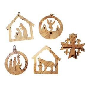 5x Laser Cut Wooden Christmas Ornaments Nativity Holiday Donkey Angel Cross Set